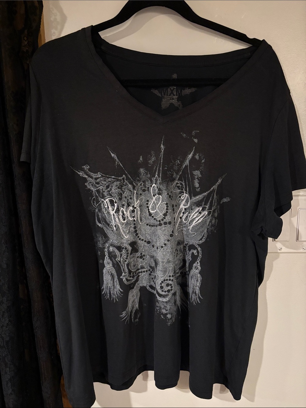MXM Black V-Neck Tee with Silver Star Logo Y2K
